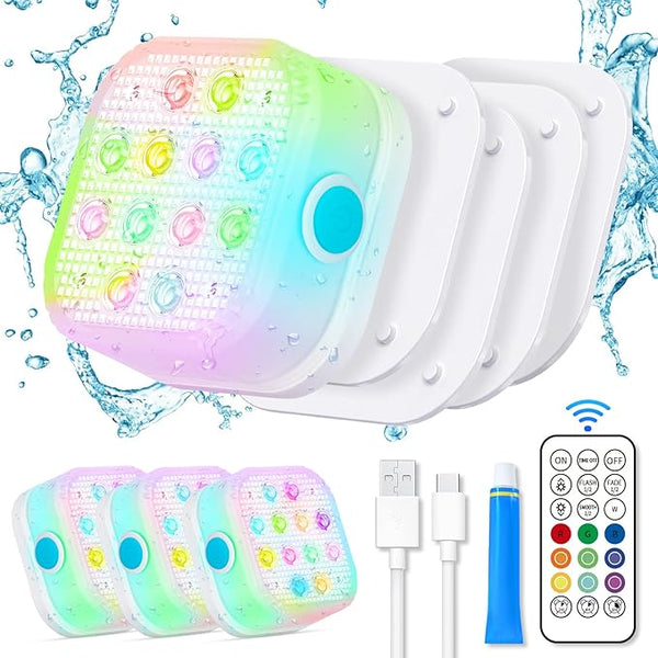 VIDOME Rechargeable Pool Lights, Pool Lights with Remote, IP68 Full Waterproof Submersible Led Lights Built-in Magnet 16 Color Changing Floating Lights for Bathtubs, Ponds, Party Decor (4 Set)