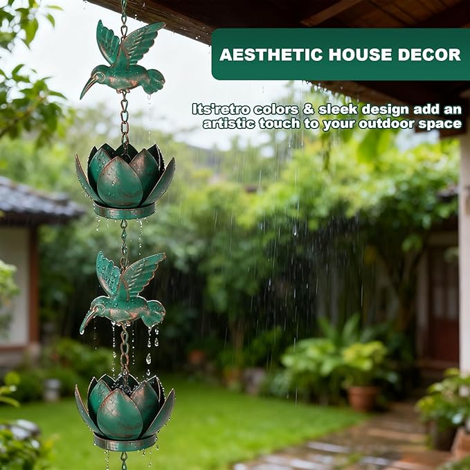BigKing 7.87FT Lotus and Hummingbird Rain Chains for Gutters - Metal Rain Chains with 6 Cups, Rain Catcher Chain for Outside, Replacement Downspout for Gutters, Eaves, Drainage