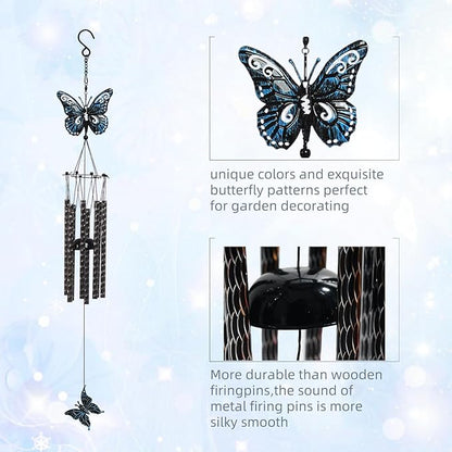 32'' Unique Butterfly Wind Chime for Outside Clearance, Garden Metal Windchimes for Outdoors Patio Decor(Black Blue)