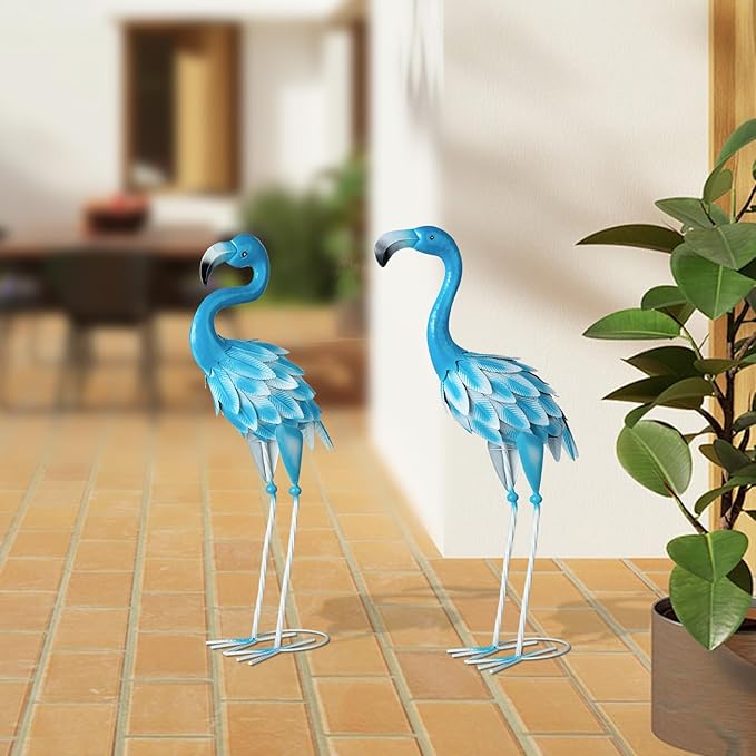 Metal Flamingo Statues, 2Pcs Blue Flamingo Yard Art Sculptures for Garden Home Patio Lawn Backyard Decorations