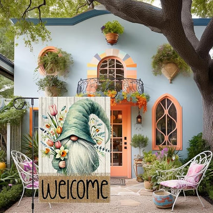 Welcome Spring Garden Flag 12x18 inch Burlap Double Sided Gnome Colorful Floral Small Summer Garden Flags Decorations For Outside Yard Home Outdoor Patio Lawn Decor