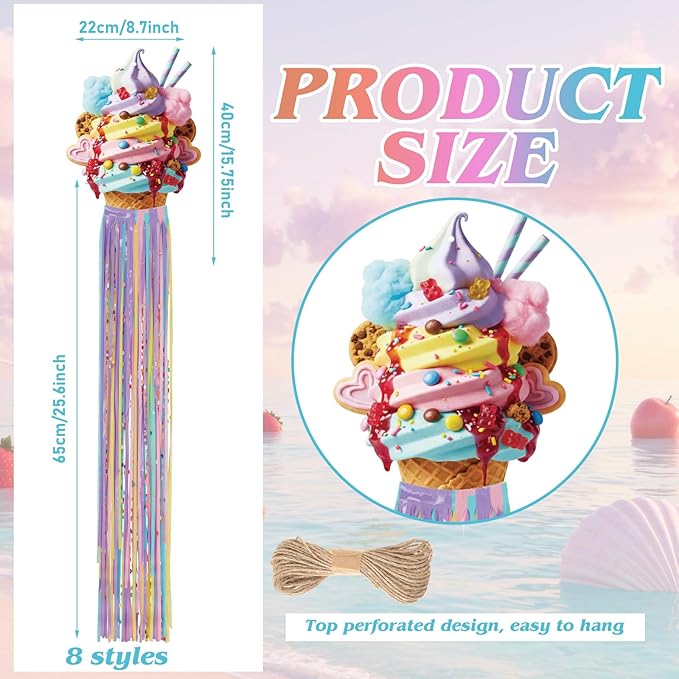 Affrolling 8 Pcs Ice Cream Party Decorations Summer Ice Cream Birthday Party Hanging Decoration with Tassels for Summer Baby Shower Wedding Backdrop Decor Supplies 3.3 ft Outdoor Banner Sign Decor