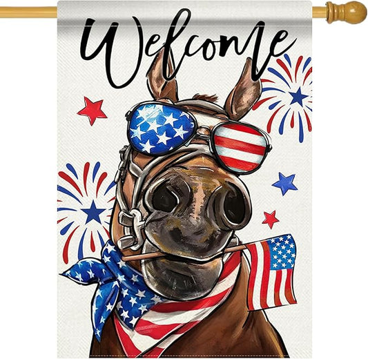 Welcome 4th of July Donkey Patriotic Decorative Flag, America Stars Stripes Firework Garden Yard Outside Decorations, American USA Outdoor Large Home Decor Double Sided 28 x 40
