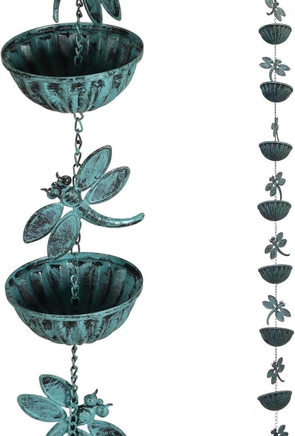 Iron Dragonfly & Cups Rain Chains, 12 Ft Replacement Downspout for Gutters, Antique Blue