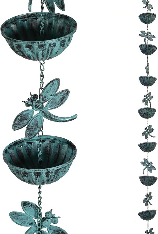 Iron Dragonfly & Cups Rain Chains, 12 Ft Replacement Downspout for Gutters, Antique Blue