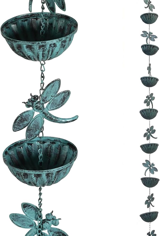 Iron Dragonfly Rain Chain for Gutters, 8.5-Feet Length, Distressed Blue