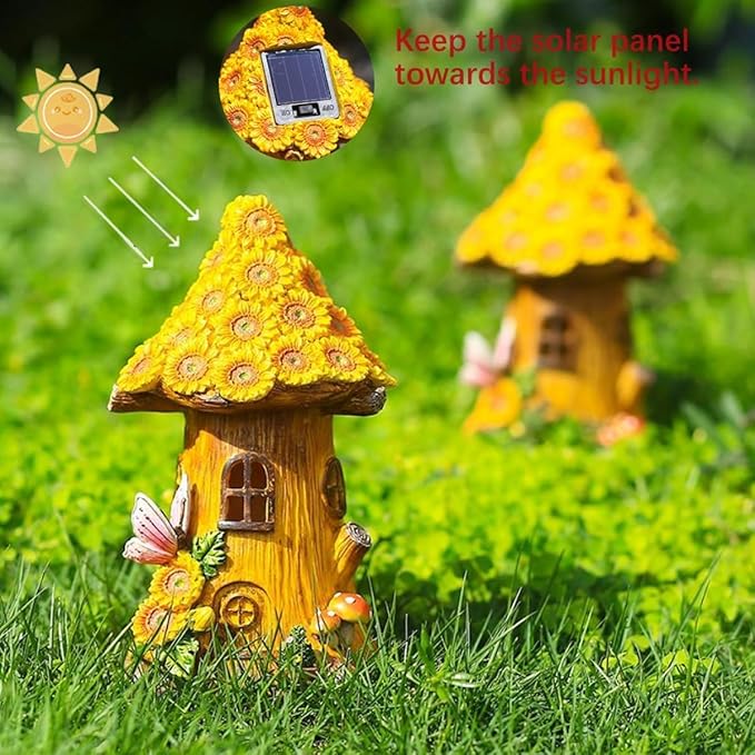 Fairy Garden Statues,Fairy Garden House with Solar Powerd Night Light,Yard Decorations Outdoor Fairy Garden Accessories Decor for Outside (Flower-Mushroom)