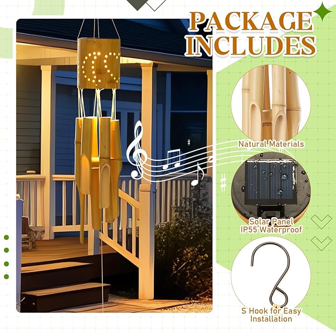 Bamboo Wind Chimes with Solar Accent Light, Outdoor Wooden Wind Chimes 6 Bamboo Tubes, Deep Tone, Hanging Solar Windchimes for Patio Garden Yard Porch Balcony Decor, 35 x 3.5 Inches