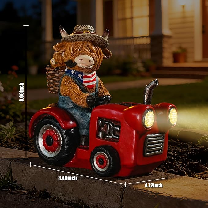 Groundhog Welcome Garden Statue with Solar Headlamp – Funny Animal Outdoor Yard Decor with LED Light and Butterfly – Waterproof Resin Garden Ornament for Patio, Lawn, Pathway (Tractor Cow)