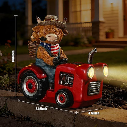 Groundhog Welcome Garden Statue with Solar Headlamp – Funny Animal Outdoor Yard Decor with LED Light and Butterfly – Waterproof Resin Garden Ornament for Patio, Lawn, Pathway (Tractor Cow)