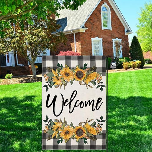 LARMOY Spring Welcome Garden Flag for Outdoor,12×18 Double Sided Black and White Buffalo Plaid with Sunflowers,Small Yard Flags for Summer All Seasons,Seasonal Farmhouse Outside Holiday Decor