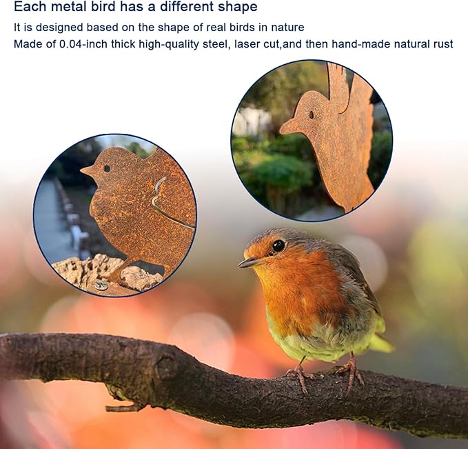 5PCS Rusty Metal Birds Decoration, Outdoor Fence Yard Decor, Metal Bird Art, Fence Decorations Outdoor, Rustic Garden Decor, Garden Sculptures Statues, Lawn Ornaments (Wren)