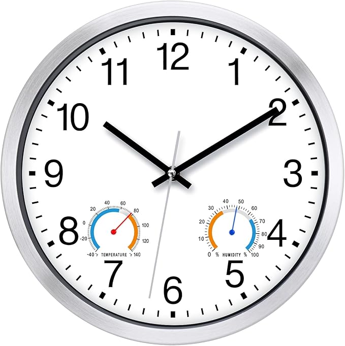 Caysie 12 Inch Indoor Outdoor Clocks Waterproof with Thermometer and Hygrometer Combo, Silent Battery Operated Quartz Metal Wall Clock for Patio Pool Bathroom Home (White)