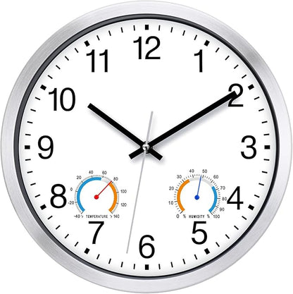 Caysie 12 Inch Indoor Outdoor Clocks Waterproof with Thermometer and Hygrometer Combo, Silent Battery Operated Quartz Metal Wall Clock for Patio Pool Bathroom Home (White)