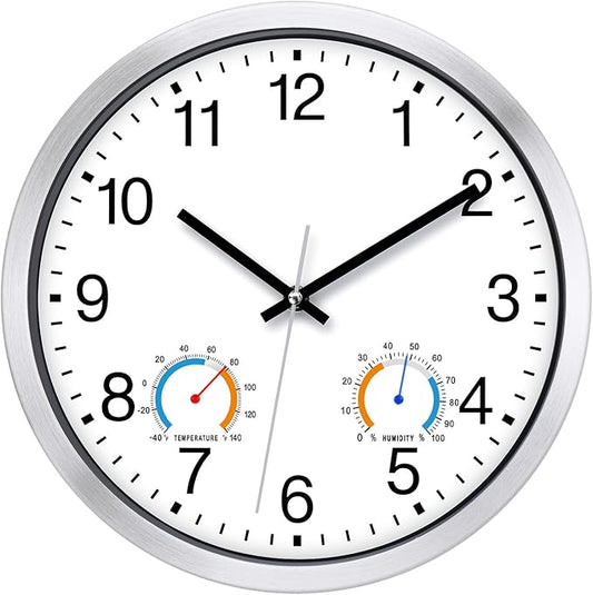 Caysie 12 Inch Indoor Outdoor Clocks Waterproof with Thermometer and Hygrometer Combo, Silent Battery Operated Quartz Metal Wall Clock for Patio Pool Bathroom Home (White)