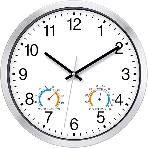 Caysie 12 Inch Indoor Outdoor Clocks Waterproof with Thermometer and Hygrometer Combo, Silent Battery Operated Quartz Metal Wall Clock for Patio Pool Bathroom Home (White)