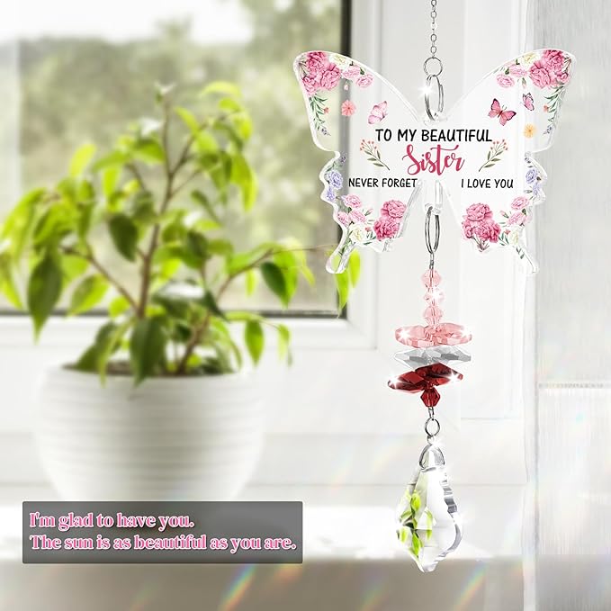 Funnli Sister Gifts Crystal Suncatcher, Birthday Christmas Mothers Day Valentines Day Easter Gifts for Sister Bestie Friend from Sistes Brother Window Hangings Home Decor