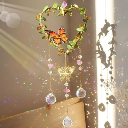 Heart Suncatchers Window Hanging, Colorful Crystal Suncatcher with Butterfly, Crystals Light Catcher with Prisms for Indoor Outdoor Home Garden Wedding Decor