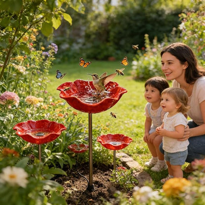 Handmade Metal Flower Garden Stake, Handmade Metal Flower Bird Bath & Pollinator Water Station, Colorful Bee/Butterfly/Bird Watering Station for Garden (1Pcs)