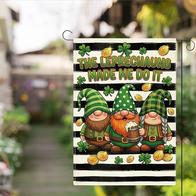 St Patricks Day Gnome Garden Flag The Leprechauns Made Me Do It Shamrock Irish March Black and White Stripes Garden Flag St Patricks Day Double Sided House Flag for Outside Yard Decorations 12×18 Inch