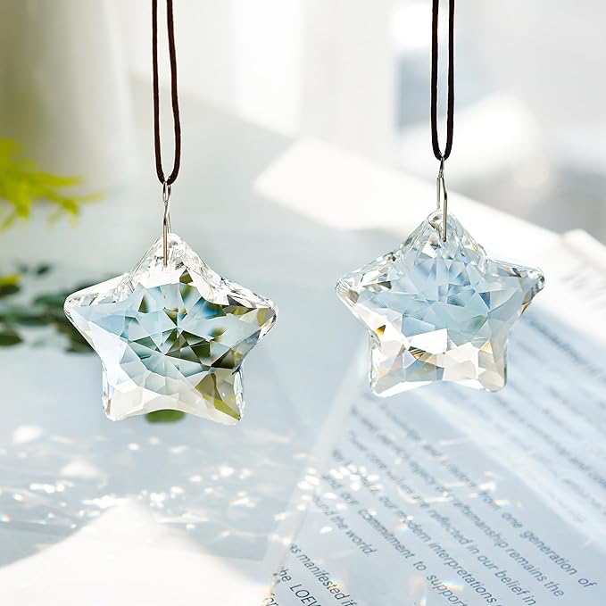 H&D HYALINE & DORA 2 Pcs 2" Crystal Sun Catcher Prisms for Windows Star Chandelier Crystals Clear Hanging Crystals for Patio,Chandelier,Garden Decoration