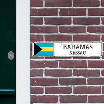 Bahamas Street Sign Custom Bahamas Flag Signs Capital City of Bahamas Metal Sign Road Wall Art Farmhouse Decorative Sign Rustic Home Decoration Gift for Foreign Friend, Neighbor 18x4inch
