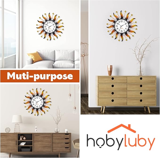 Outdoor Clock Silent Non-Ticking, Sun Outdoor Wall Clock Waterpooof Outside Clock for Patio, Home Decorations(Orange)