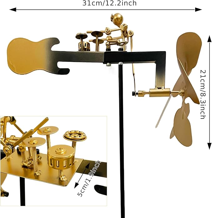 Handmade Metal Drummer Windmill, Rock Art Sculptures, Wind-Powered Kinetic Figurines, Wind Spinners for Garden Yard Lawn Patio Decor, Unique Drummer Statue Gift for Music Lovers