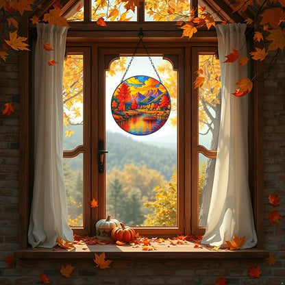 Stained Glass Window Hanging, Autumn Sun Catchers Stained Glass Panels for Indoor Windows Wall Art Decor, Birthday Gift for Mom Women Wife Men Lovers (7.87inch)