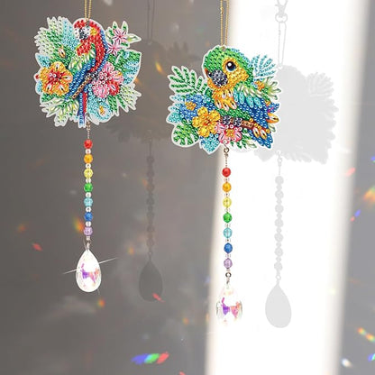 MVVMTOP 2pcs Diamond Art Painting Wind Chime with Crystal Pendant, DIY Parrot Double-Sided Design Special Shape Acrylic Crystal Diamond Ornament, Home Window Garden Hanging Pendant Decoration