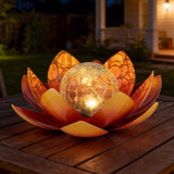 Huaxu Solar Lights Outdoor Garden Decoration Crackle Globe Glass Waterproof LED Metal Orange Lotus Flowers Gift for Mom,Women,Patio,Lawn,Walkway,Tabletop,Ground