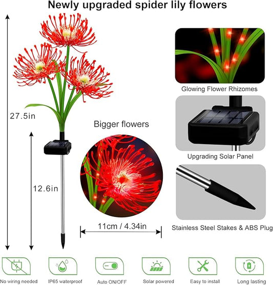 Solar Garden Flower Lights Outdoor, 8 Pack Red Spider Lily with Glowing Stems, Waterproof LED Yard Lawn Pathway Decor, Elegant Patio Garden Decoration, for Mom, Grandma, Women