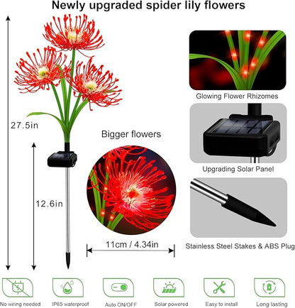 Solar Garden Flower Lights Outdoor, 6 Pack Red Spider Lily with Glowing Stems, Waterproof LED Yard Lawn Pathway Decor, Elegant Patio Garden Decoration, for Mom, Grandma, Women