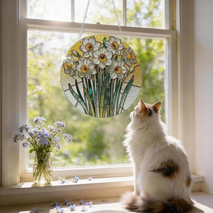 Acrylic Window Hanging, Yellow and White Daffodils Sun Catcher for Door Home Decor, Floral Window Wall Art, Housewarming Decor, Christmas Mother's Day Birthday Gifts for Her