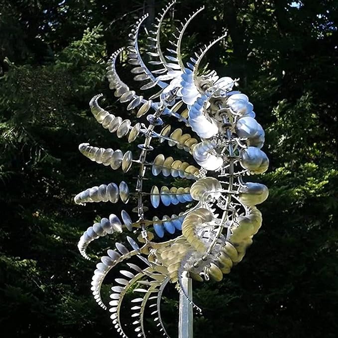 2Pcs Unique Fantasy Metal Windmill, 3D Wind Powered Kinetic Sculpture, Dual-Tiered Opposite-Directional Rotation, Stainless Steel Wind Spinners, Silver