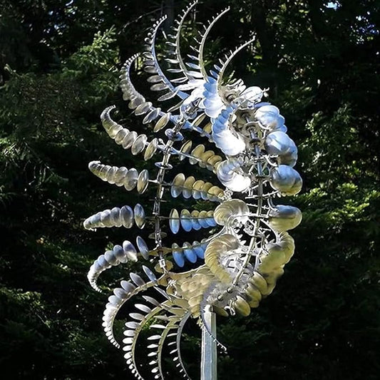 2Pcs Unique Fantasy Metal Windmill, 3D Wind Powered Kinetic Sculpture, Dual-Tiered Opposite-Directional Rotation, Stainless Steel Wind Spinners, Silver