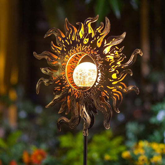 Hapjoy Solar Lights Outdoor Garden Decor Solar Powered Sun Lantern for Yard, Patio,Lawn or Pathway Sun Decorations Crackle Glass Globe Stake Metal Lights Waterproof Warm LED Garden Pathway