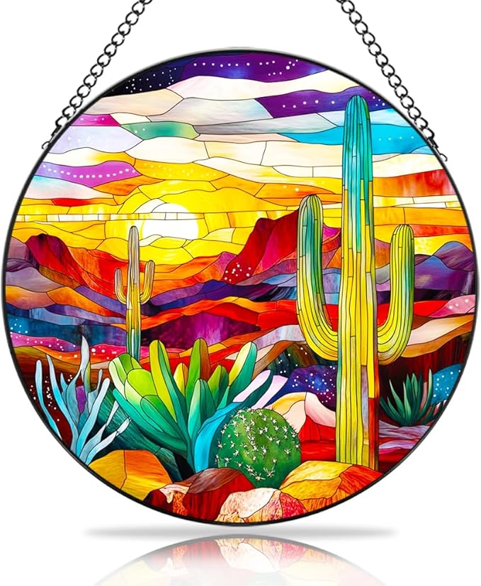 Handmade Stained Glass Sun Catcher Stained Glass Desert Scene Saguaro Fiery Hues, 7.8IN Window Hanging Ornament Cactus Art Decoration Window Decor Outdoor Garden Decor