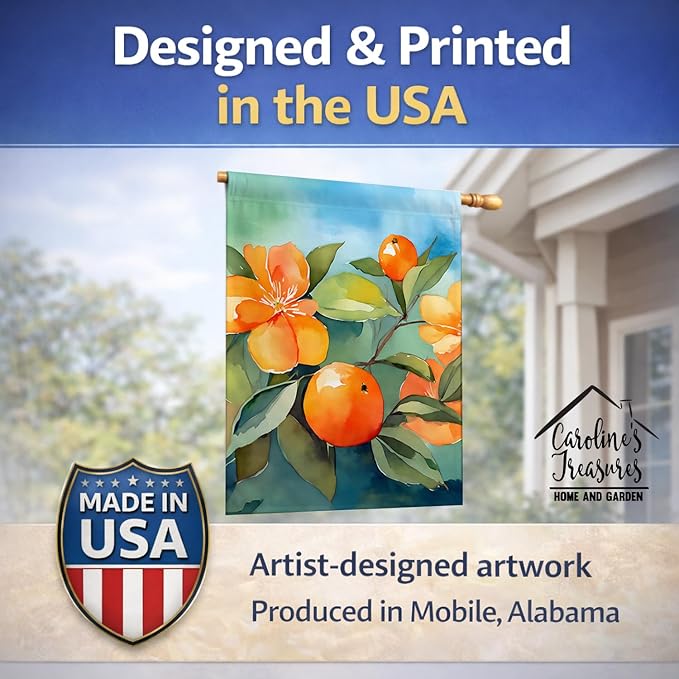 Caroline's Treasures Florida Orange Blossom in Watercolor House Flag Large Porch Sleeve Pole Decorative Outside Yard Banner Artwork Wall Hanging, Polyester, House Size, Multicolor
