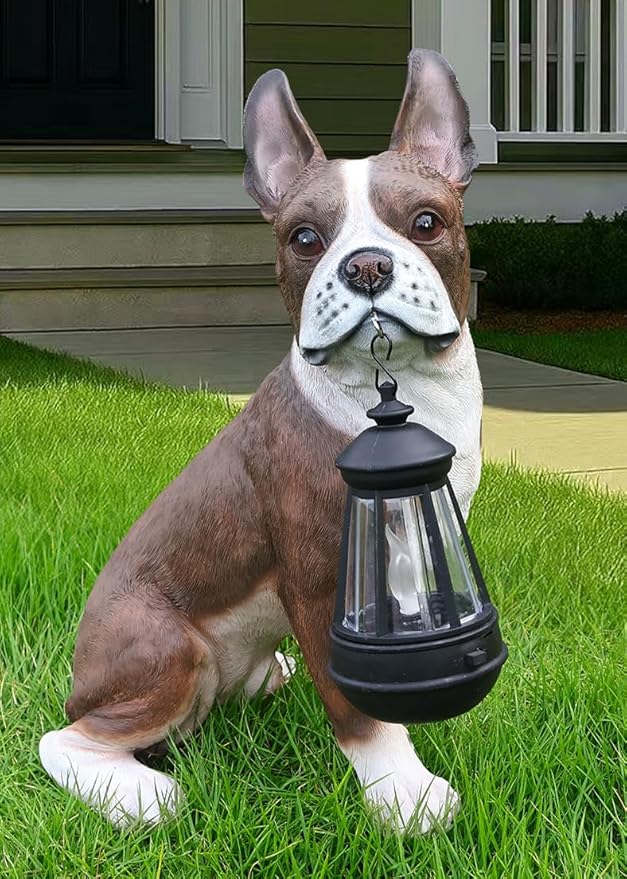 French Bulldog Garden Statue with Solar Lantern & Welcome Sign, 13.8" Realistic Dog Outdoor Decor, Waterproof Resin Animal Lawn Ornament for Patio, Yard, Porch and Housewarming Gift