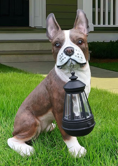 French Bulldog Garden Statue with Solar Lantern & Welcome Sign, 13.8" Realistic Dog Outdoor Decor, Waterproof Resin Animal Lawn Ornament for Patio, Yard, Porch and Housewarming Gift