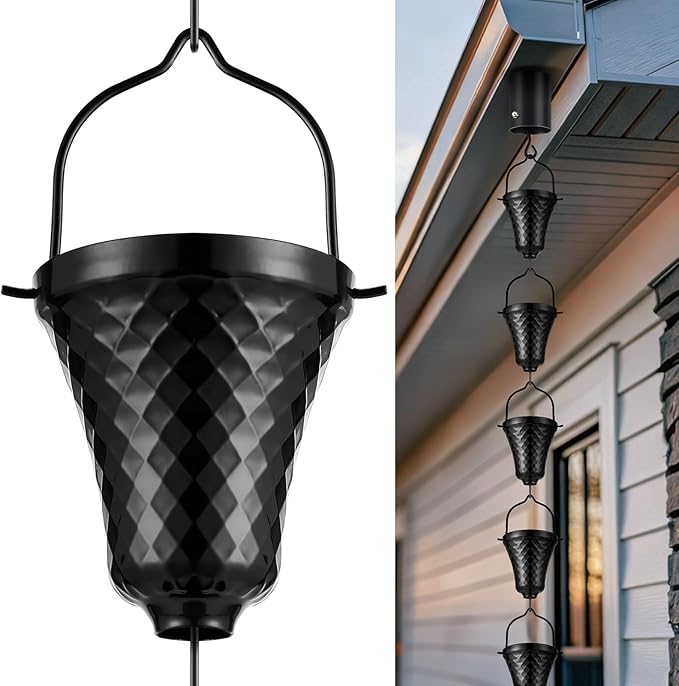Tfro & Cile Rain Chain Black Gutter Downspout Catcher Outside Water Diverter Decorative Garden Rain Cups Chime Home Decor - 8 1/2 Feet Long