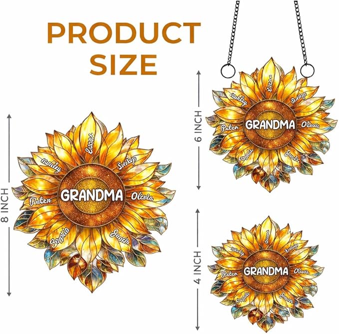 Personalized Grandma Mom Sunflower Acrylic Sun Catcher Gift for Mothers Day, Custom Grandkids Names Window Hanging Decor Ornament Gift for Mama Nana, Faux Stained Glass Ocean Decor