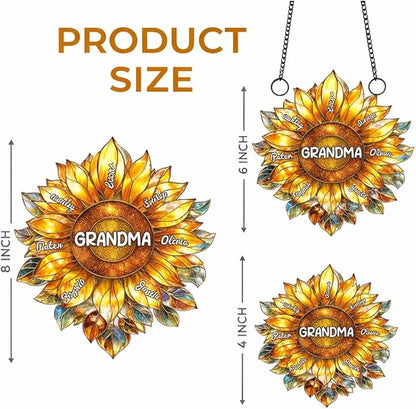 Personalized Grandma Mom Sunflower Acrylic Sun Catcher Gift for Mothers Day, Custom Grandkids Names Window Hanging Decor Ornament Gift for Mama Nana, Faux Stained Glass Ocean Decor