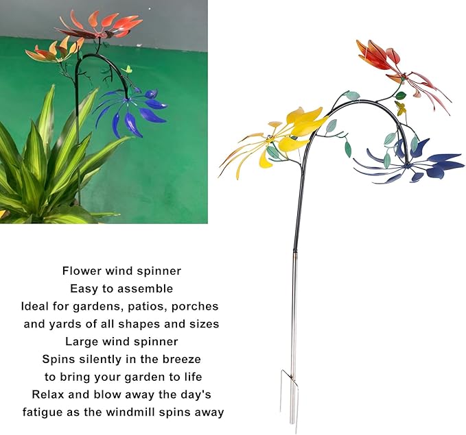 Diydeg Wind Spinner, Iron Three Moving Flowers Bright Colors Colorfast Garden Wind Spinner Rustproof Easy to Assemble Garden Windmill