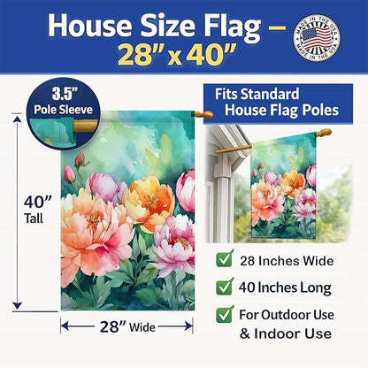 Caroline's Treasures Indiana Peonies in Watercolor House Flag Large Porch Sleeve Pole Decorative Outside Yard Banner Artwork Wall Hanging, Polyester, House Size, Multicolor