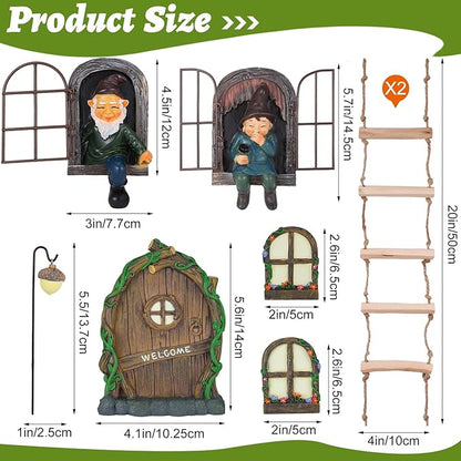 7 Pcs Fairy Garden Accessories Tree Hugger Gnome Statue Fairy Door Window Set Dwarf Elf Landscape Figurine Out The Door Resin Sculpture Hanging Tree Faces Decor for Trees Outdoor Decor