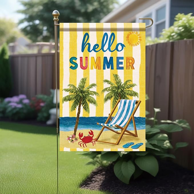 Hello Summer Garden Flag Beach Palm Tree Chair Coastal Outdoor Yard Porch Lawn Garden Decor for Tropical Seaside Patio Cottage Farmhouse Seasonal Summer Home Display