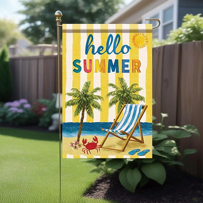 Hello Summer Garden Flag Beach Palm Tree Chair Coastal Outdoor Yard Porch Lawn Garden Decor for Tropical Seaside Patio Cottage Farmhouse Seasonal Summer Home Display