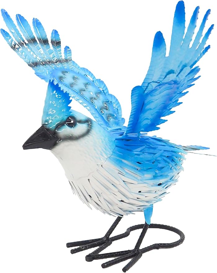 Cruis Cuka 9.5" Blue Jay Garden Decor, Hand-Painted Metal Bird Sculpture, Weatherproof Yard Art for Patio, Farmhouse Spring Gift